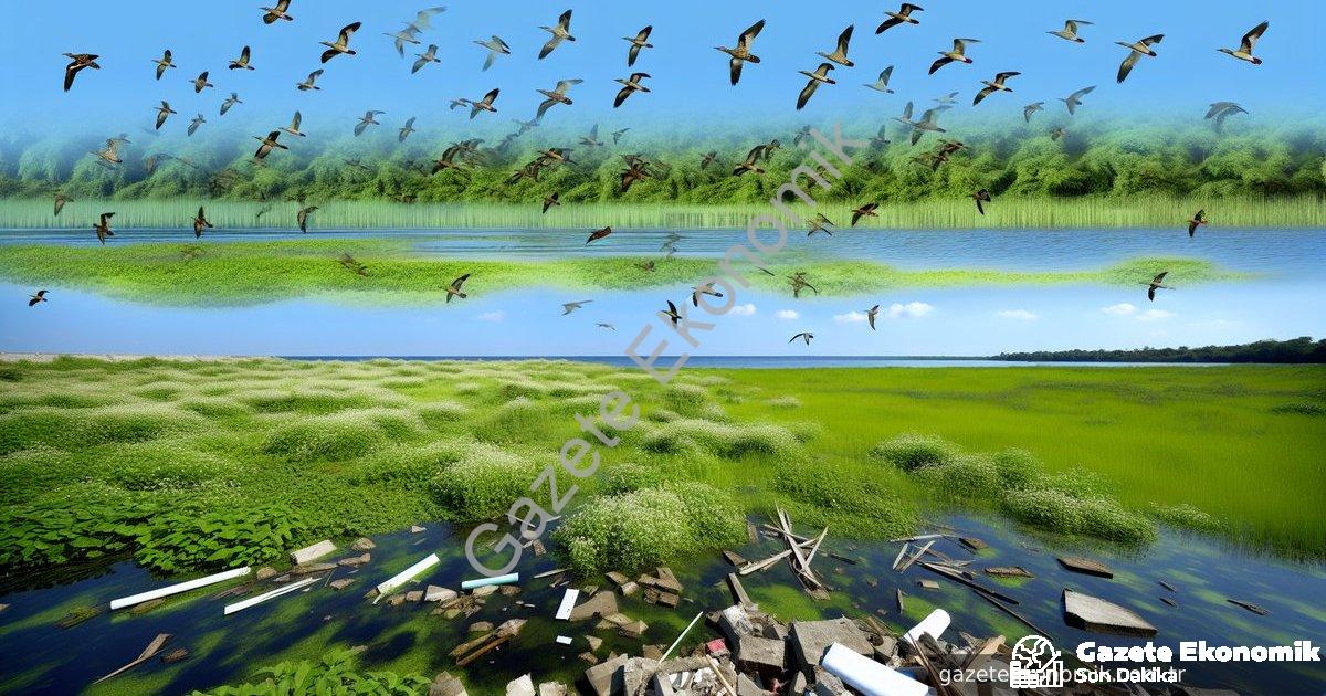Create a photorealistic image of a picturesque wetland in Aydın's Söke district, under a clear, blue