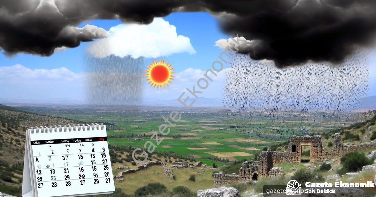 Create a photo-realistic image depicting a cloudy and rainy day over a picturesque landscape of Aydı