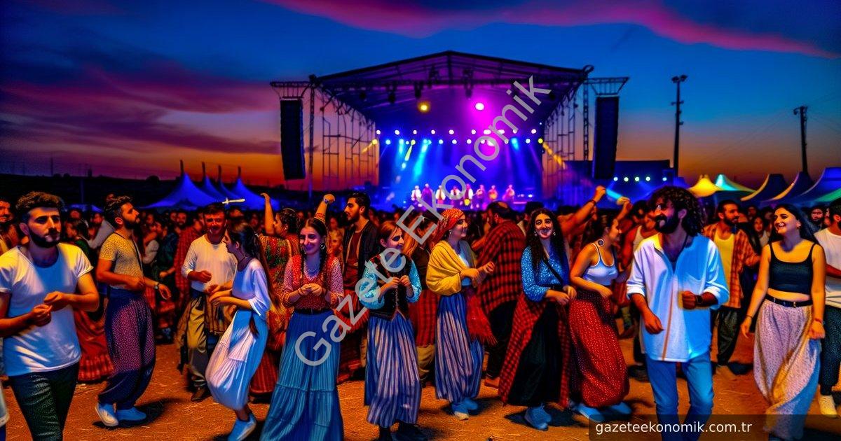 Create a photo-realistic image showcasing a vibrant festival scene at dusk in Aydın, Turkey. In the