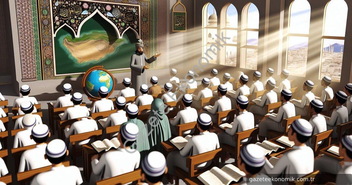 Imagine a serene, sunlit classroom filled with a diverse group of eager pilgrims seated in rows, att
