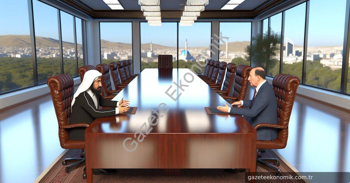 Create a photo-realistic image of a high-profile meeting room setting in Muğla, with a long, polishe