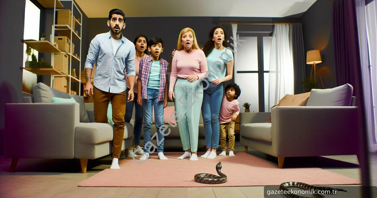 Create a photo-realistic image showing a startled family in the living room of a modern, well-lit ho