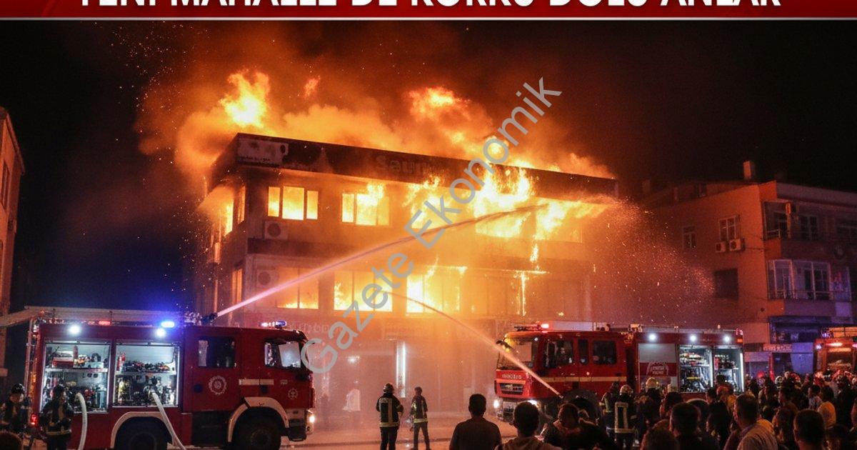 "Karpuzlu’da iş yeri yangını: Yeni Mahalle’de korku dolu anlar" başlıklı haber için fotorealistik, p