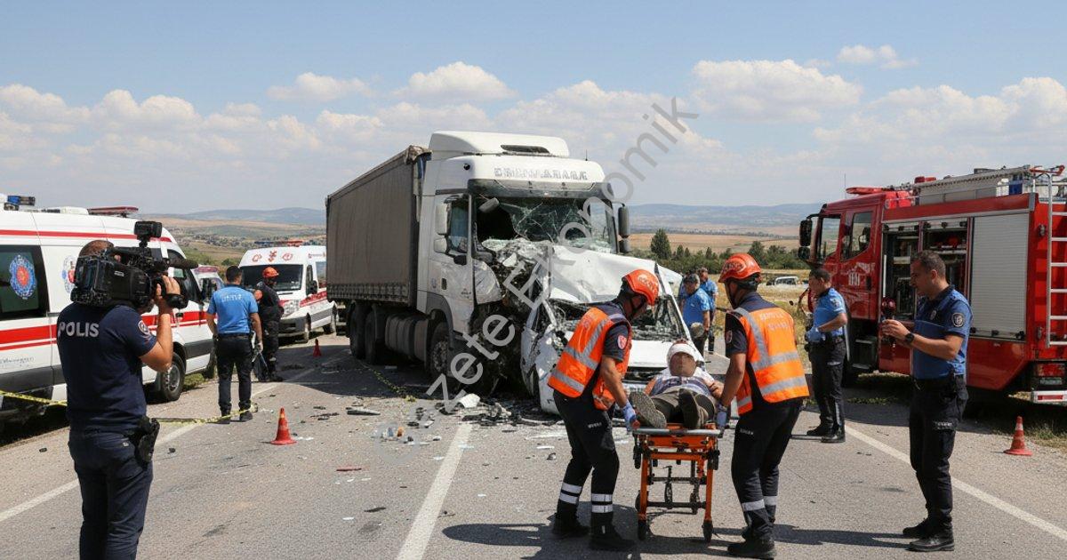 "Afyonkarahisar Emirdağ’da tırla hafif ticari çarpıştı: 2 yaralı" başlıklı haber için fotorealistik,
