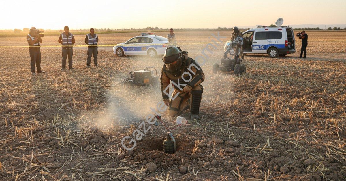 "Tire’de tarlada bulunan el bombası uzman ekipçe imha edildi" başlıklı haber için fotorealistik, pro