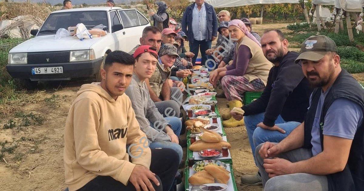 "Sarıgöllü Tüccardan Vefa Dersi: Üzüm İşçilerine Kral Ziyafeti" başlıklı haber için fotorealistik, p